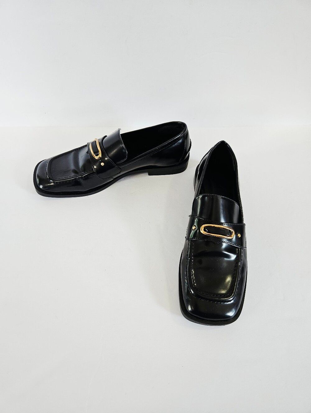 Mango MNG Polished Patent Leather Square Toe Gold Accent Loafer Smoking Shoe 38
